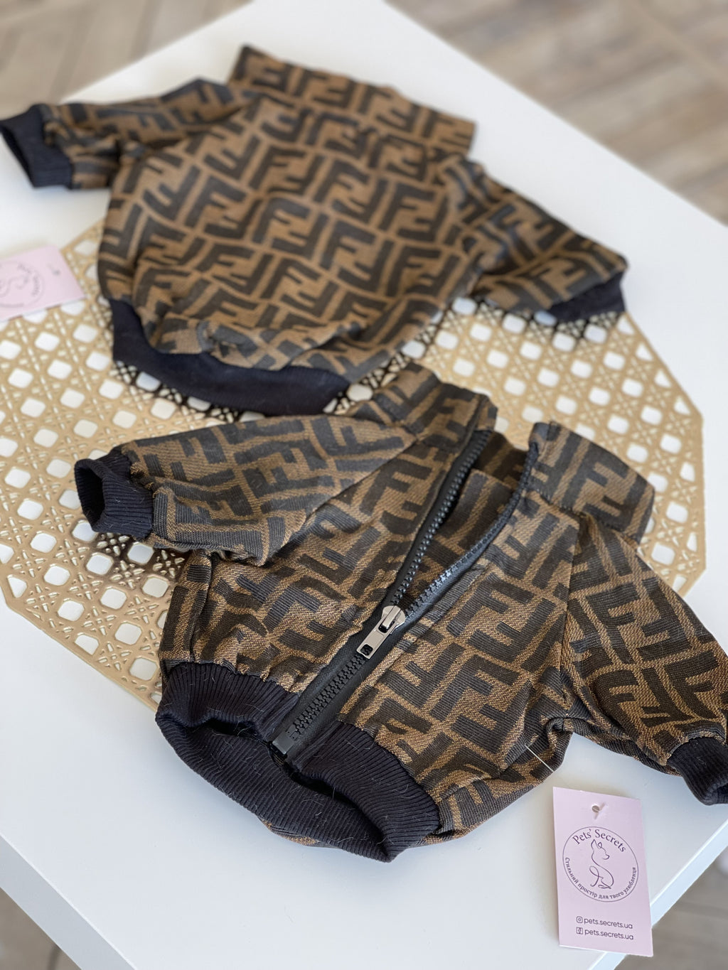 Brown bomber jacket with Fendi print