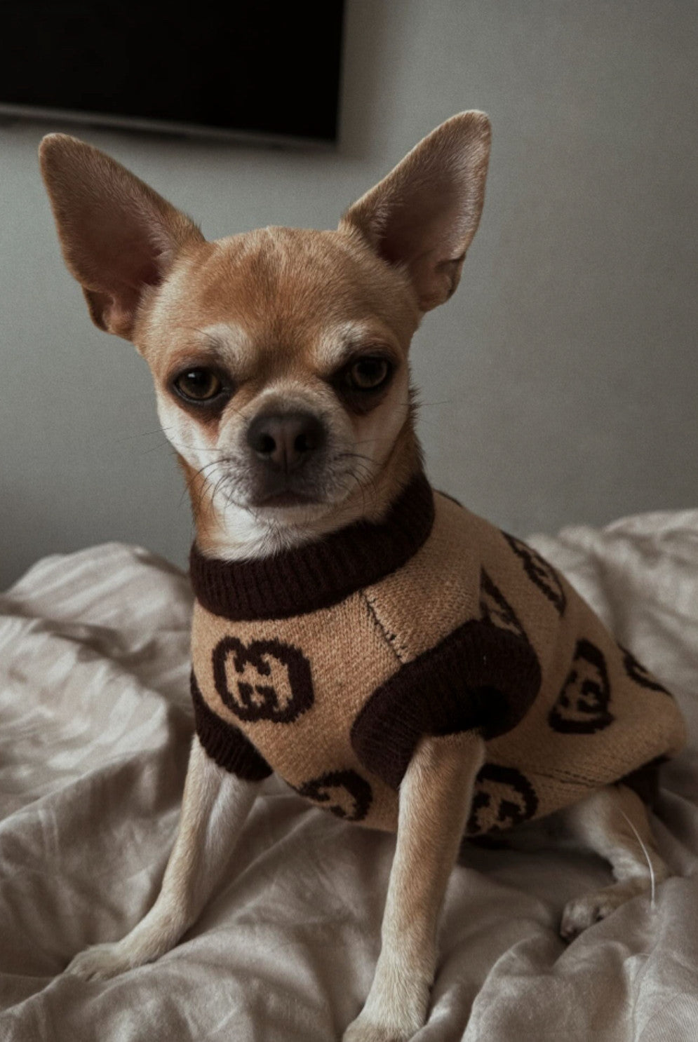Beige-brown sleeveless sweater with Gucci print
