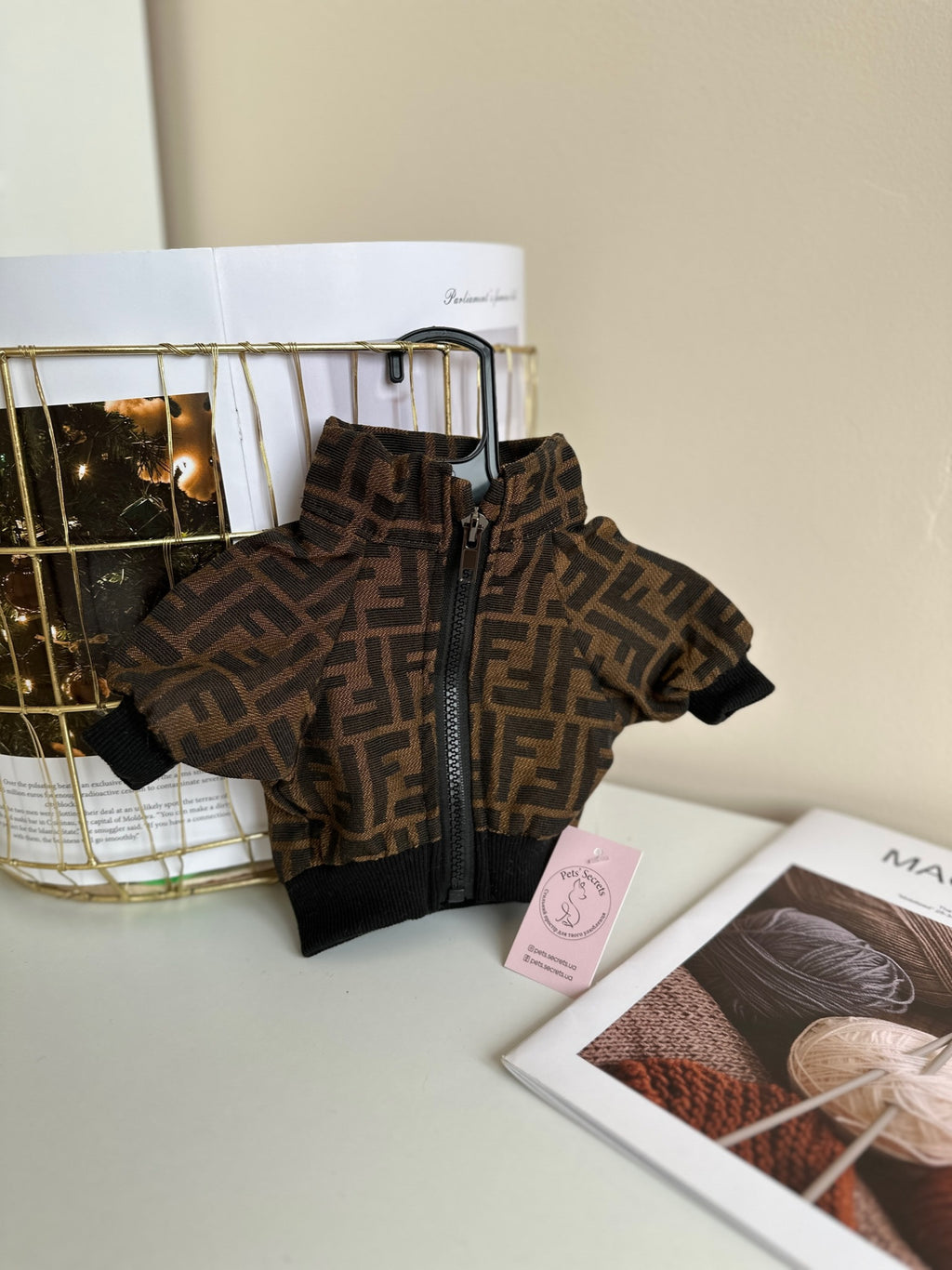 Brown bomber jacket with Fendi print