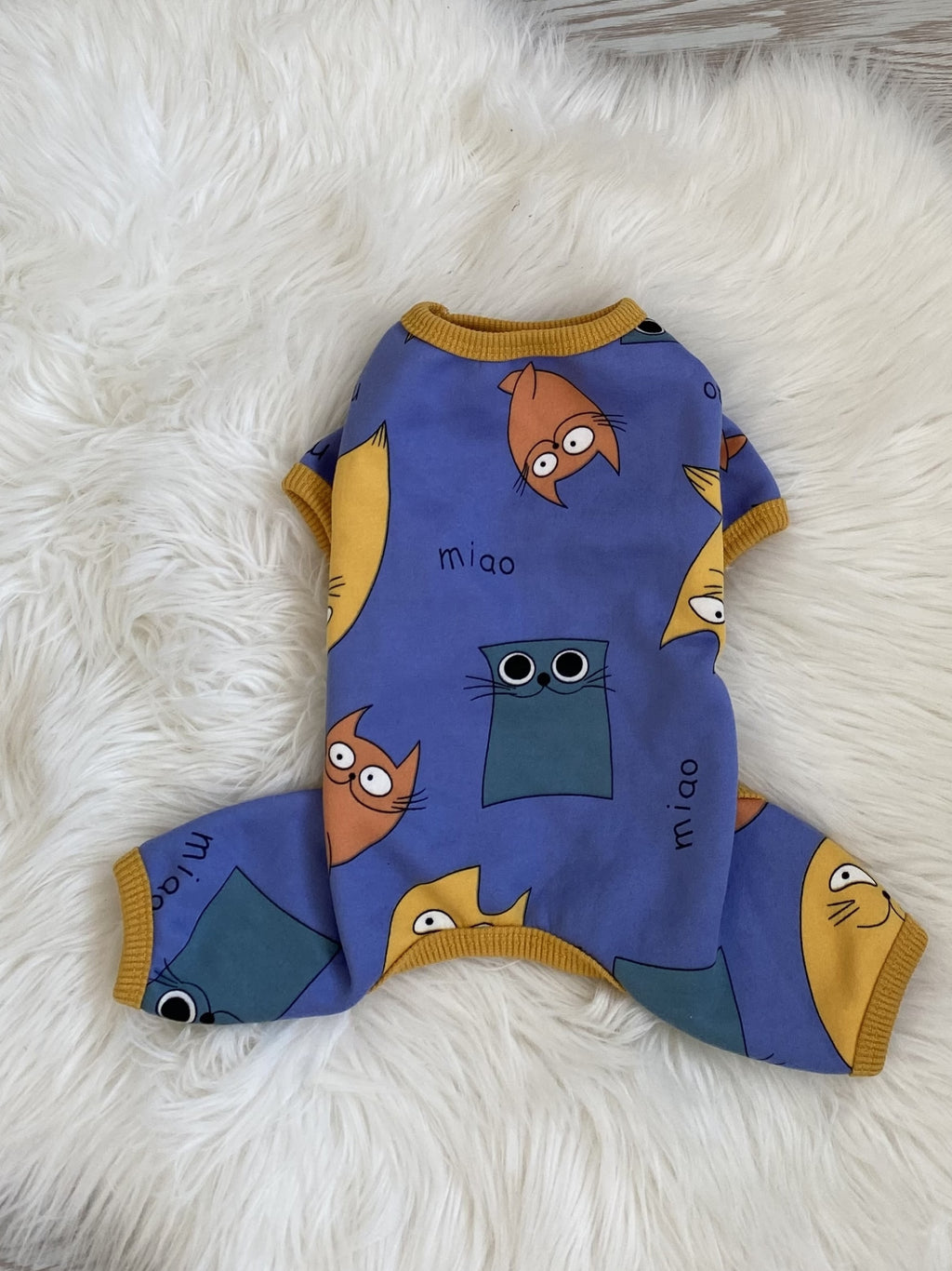 Blue Pajama Jumpsuit with Cat Print