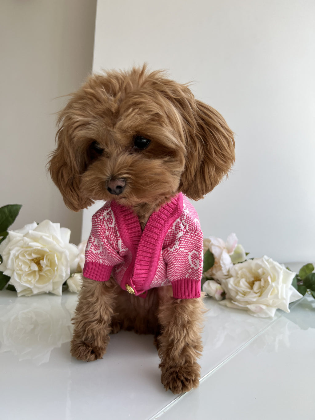 Pink cardigan with Gucci print