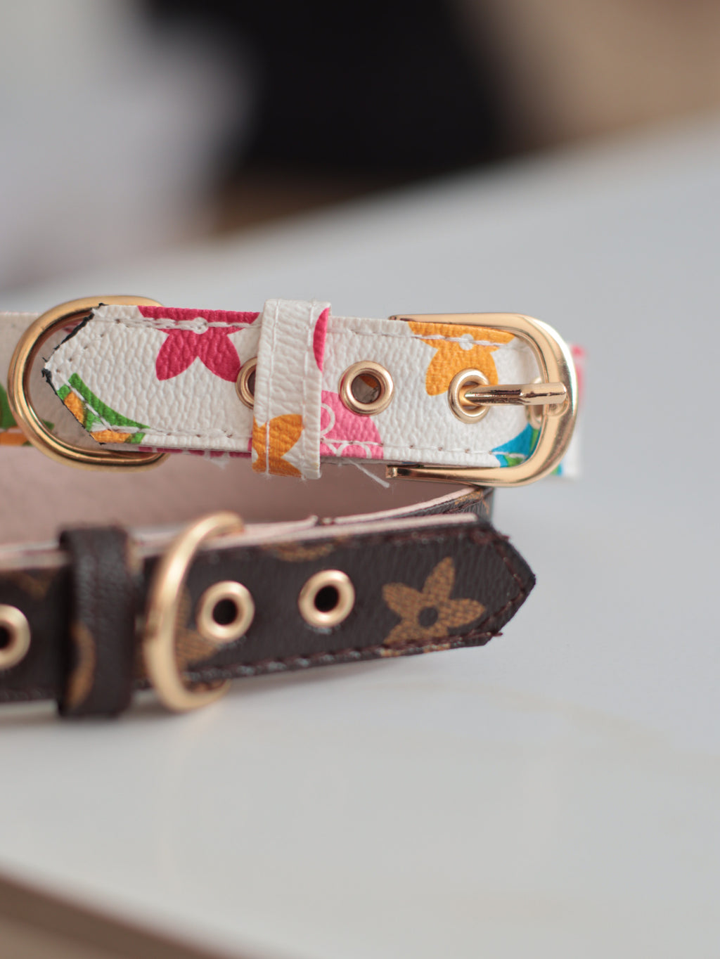 Нашийник у наборі з повідцем коричневого кольору з квітковим принтом LV