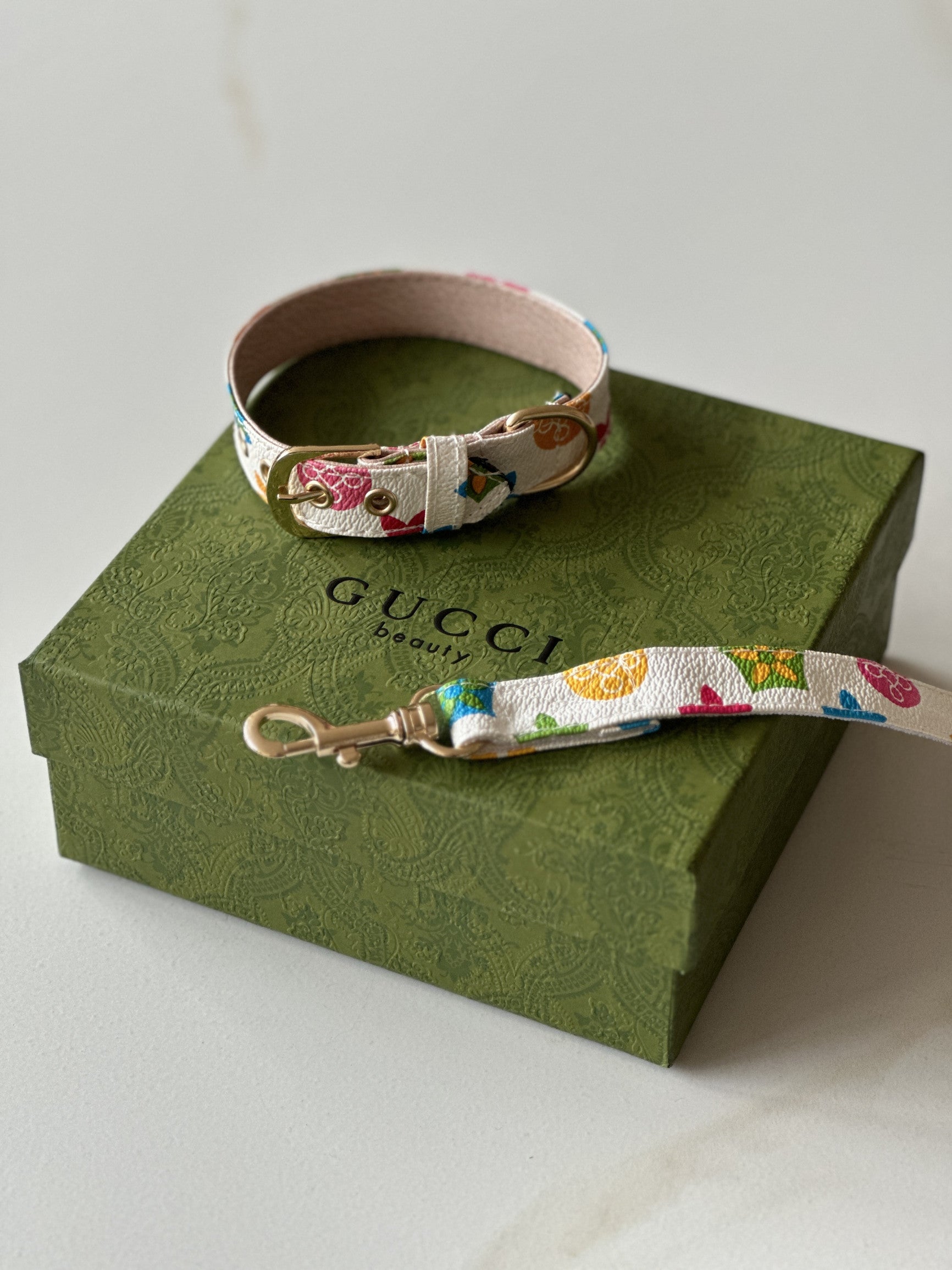 Нашийник у наборі з повідцем білого кольору з квітковим принтом LV