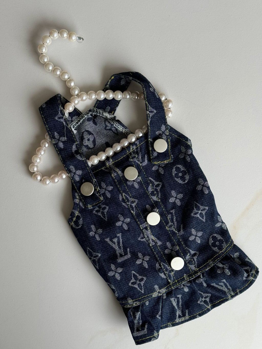 Denim sundress with ruffles and LV print