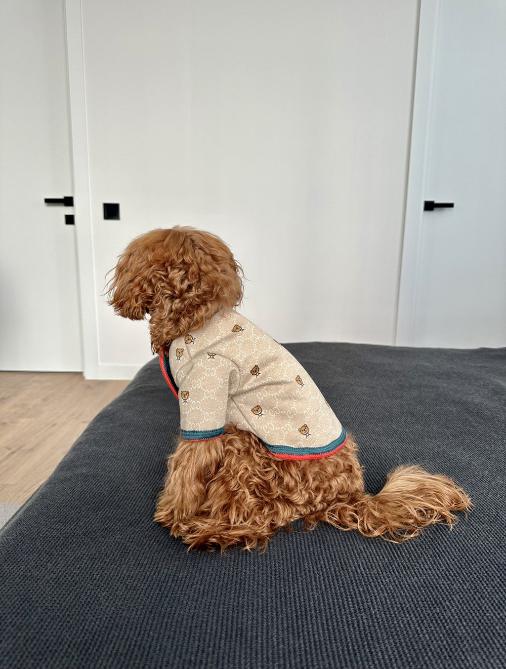 Beige cardigan with Gucci Bear print