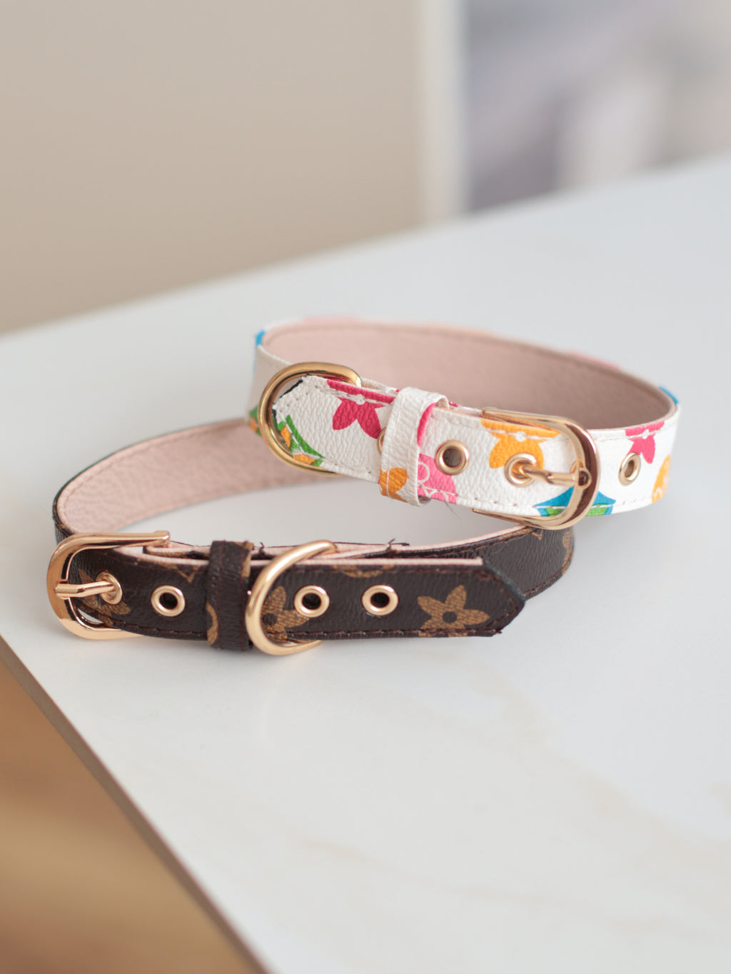 Нашийник у наборі з повідцем коричневого кольору з квітковим принтом LV